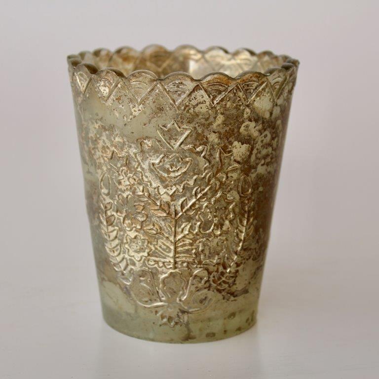 ANTIQUE GLASS TEA LIGHT CANDLE HOLDER WITH CREST  12X10CM